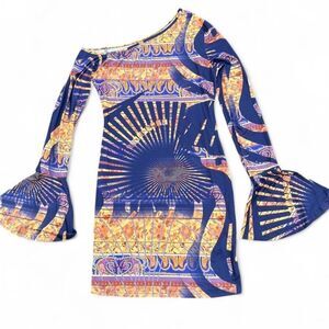 Egyptian Themed Over the ShoulderLong Sleeve Flared Mini Dress